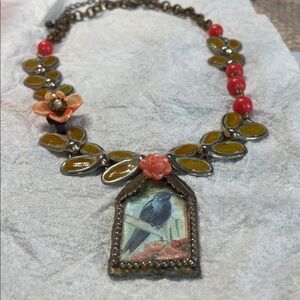 Vintage floral  with raven pendant necklace